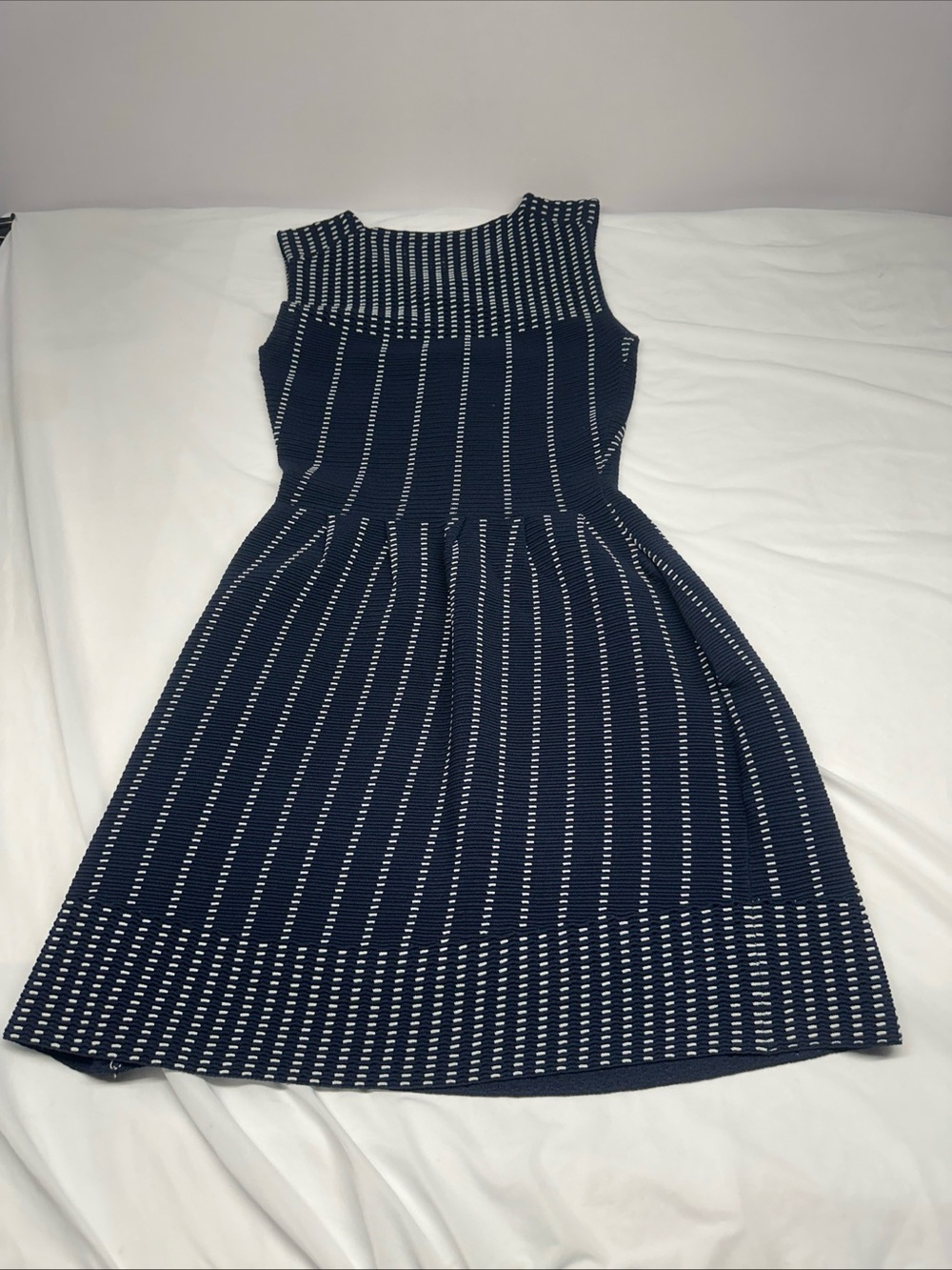 Maje Navy and White Sleeveless Knit Midi Dress